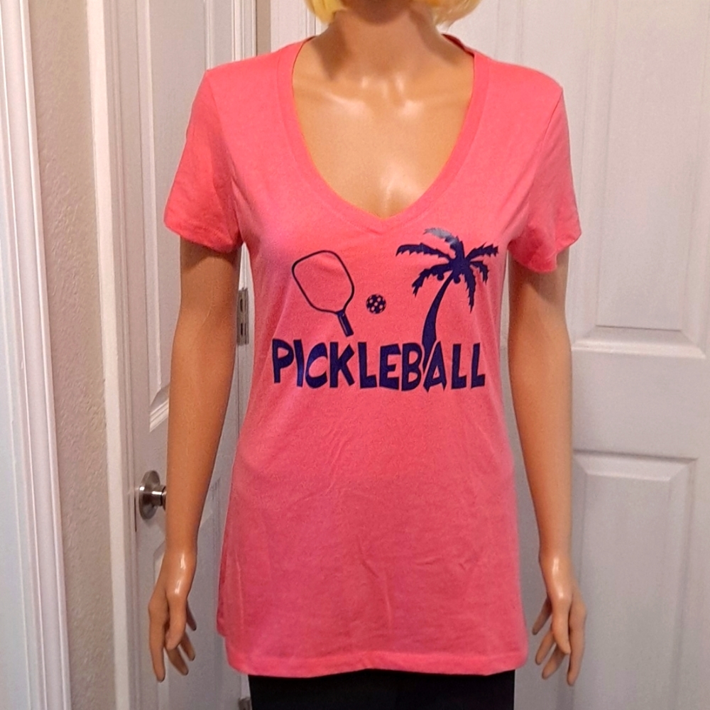 NWOT Pickle Ball T-Shirt Hot Pink with Blue Palm Tree and Pickle Ball Gr…